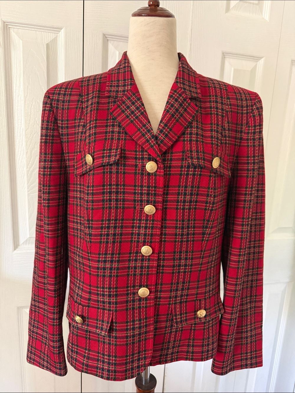 Vintage Pendleton Red and Black Plaid Blazer with Gold Buttons Sz 14